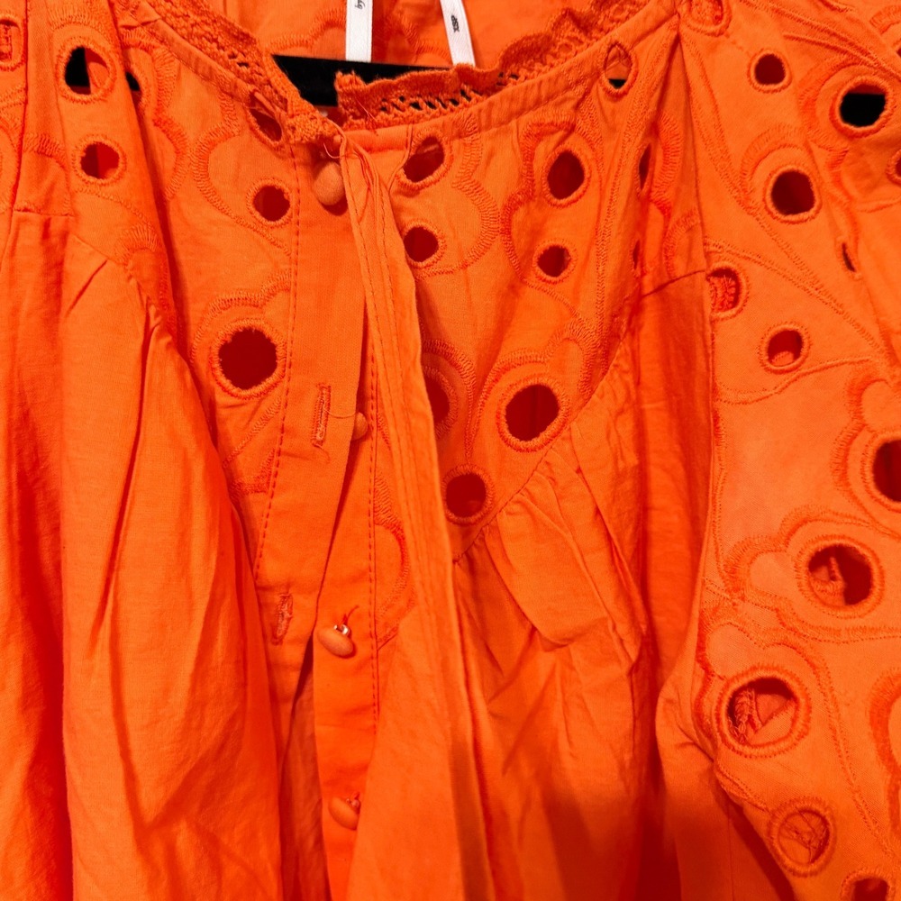 Anthropologie Orange Eyelet Puff Sleeve Blouse Tie Neck Button Front XSP - Picture 6 of 10